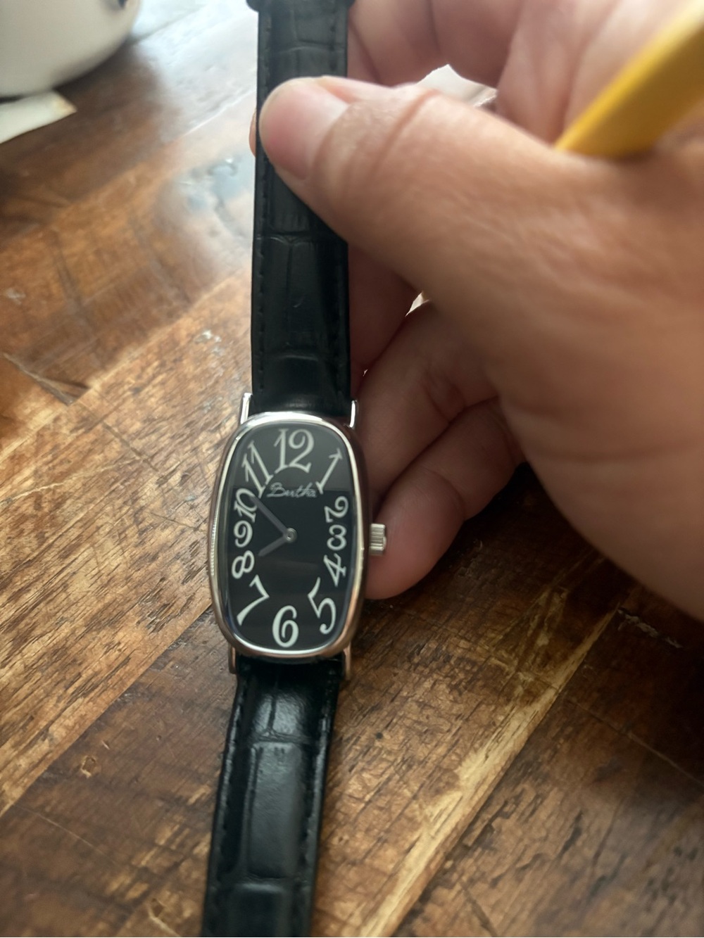 Vintage Bertha Black Leather Strap Watch Art Deco Tonneau Face Silver Tone - Picture 2 of 4
